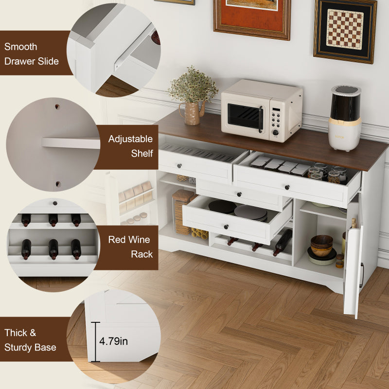 Farmhouse Dining Sideboard with Wood Top & Adjustable Shelf