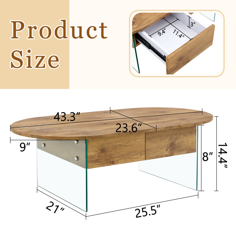 Natural Oval Coffee Table, Living Room, Glass Sides, Drawers