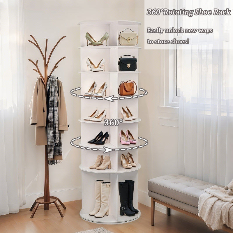 7 Tier Rotating Shoe Rack, High Bottom Design Rotating Shoe Rack Tower, Free Standing 360° Spinning Shoe Organizer, Round Display Spinning Shoe Rack Tower, Fits 28 Pairs of Shoes (White)