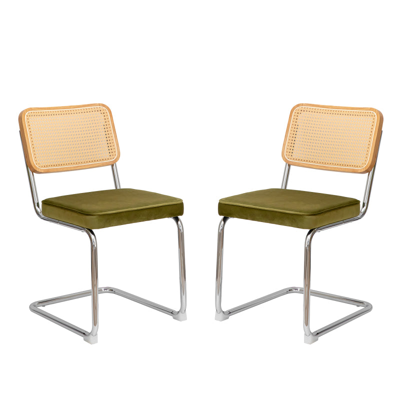 RR Mid-Century Dining Chairs, Velvet & Rattan, Set of 2