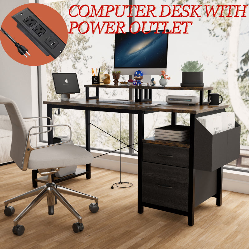 Rustic Brown Computer Desk for Home Office with Outlets