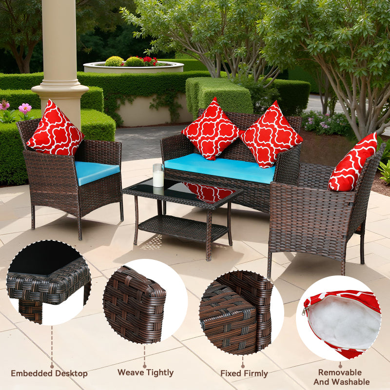 Modern Rattan 4-Piece Patio Sofa Set, Sapphire Blue Cushions