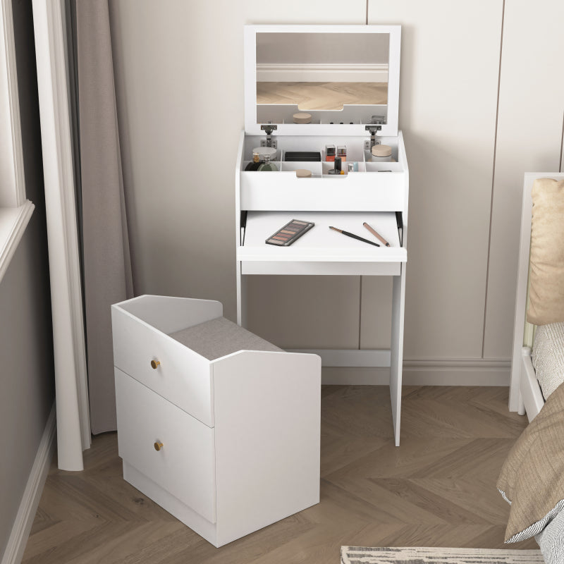 Compact Modern White Vanity Desk, Mirror & Chair for Bedroom