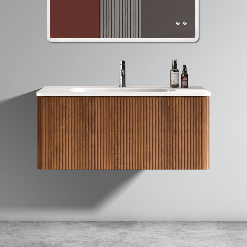 Etna 24-in Striped Walnut Floating Bath Vanity, Ceramic Sink