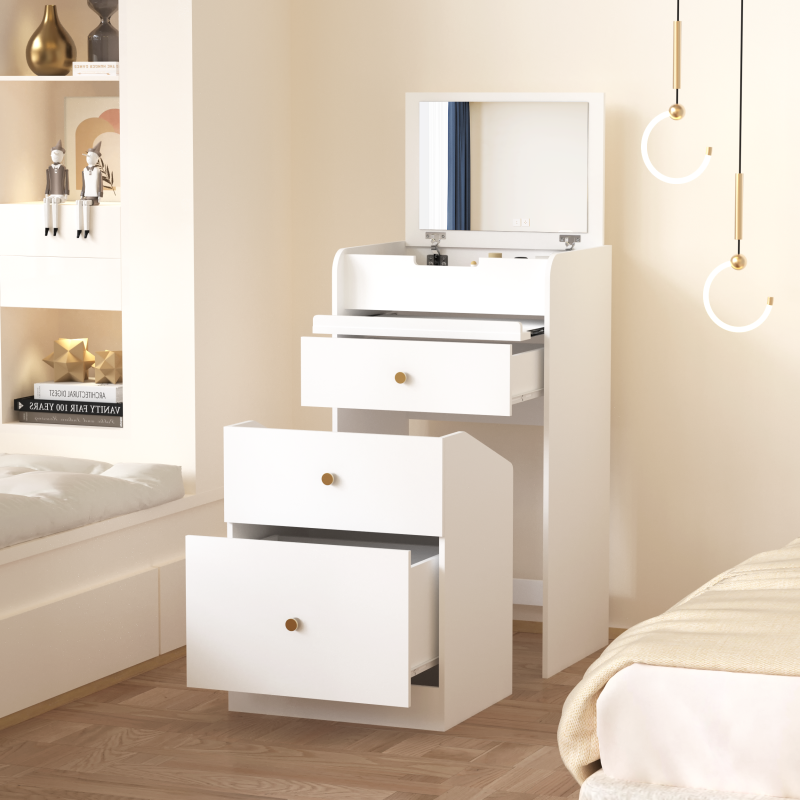 Compact Modern White Vanity Desk, Mirror & Chair for Bedroom