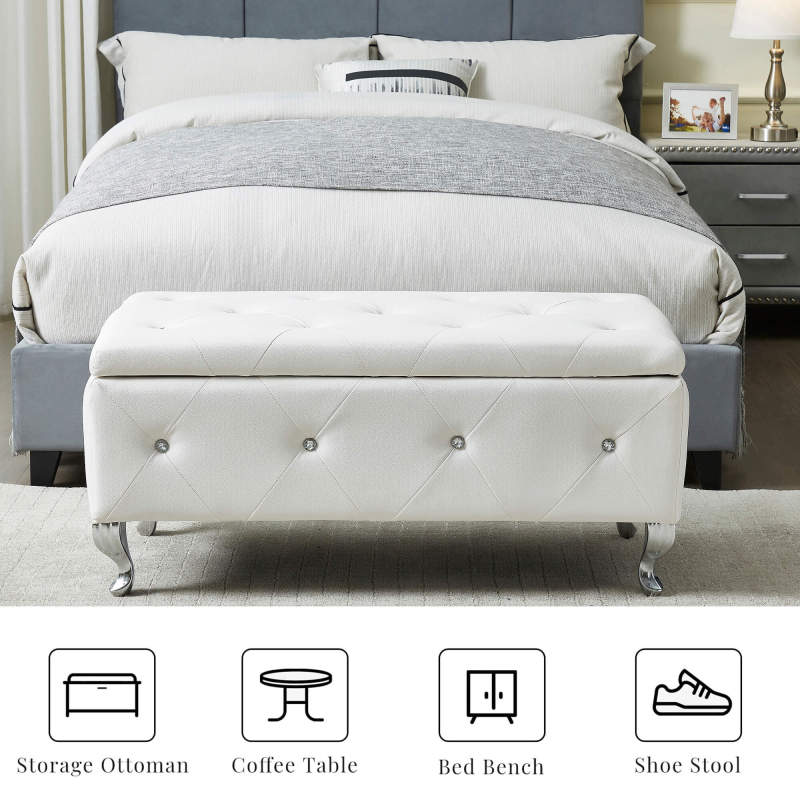Glam Storage Ottoman Bench for End of Bed, Crystal-Tufted