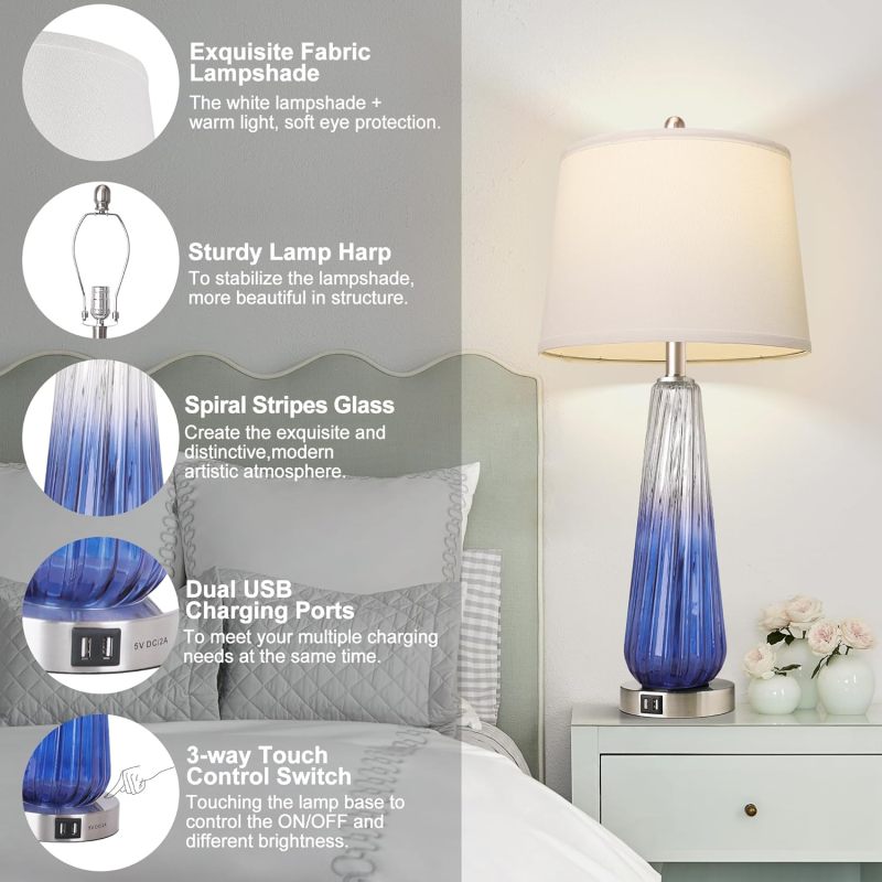 Modern Glass Bedside Lamps Set of 2 3-Way Touch & USB A+C