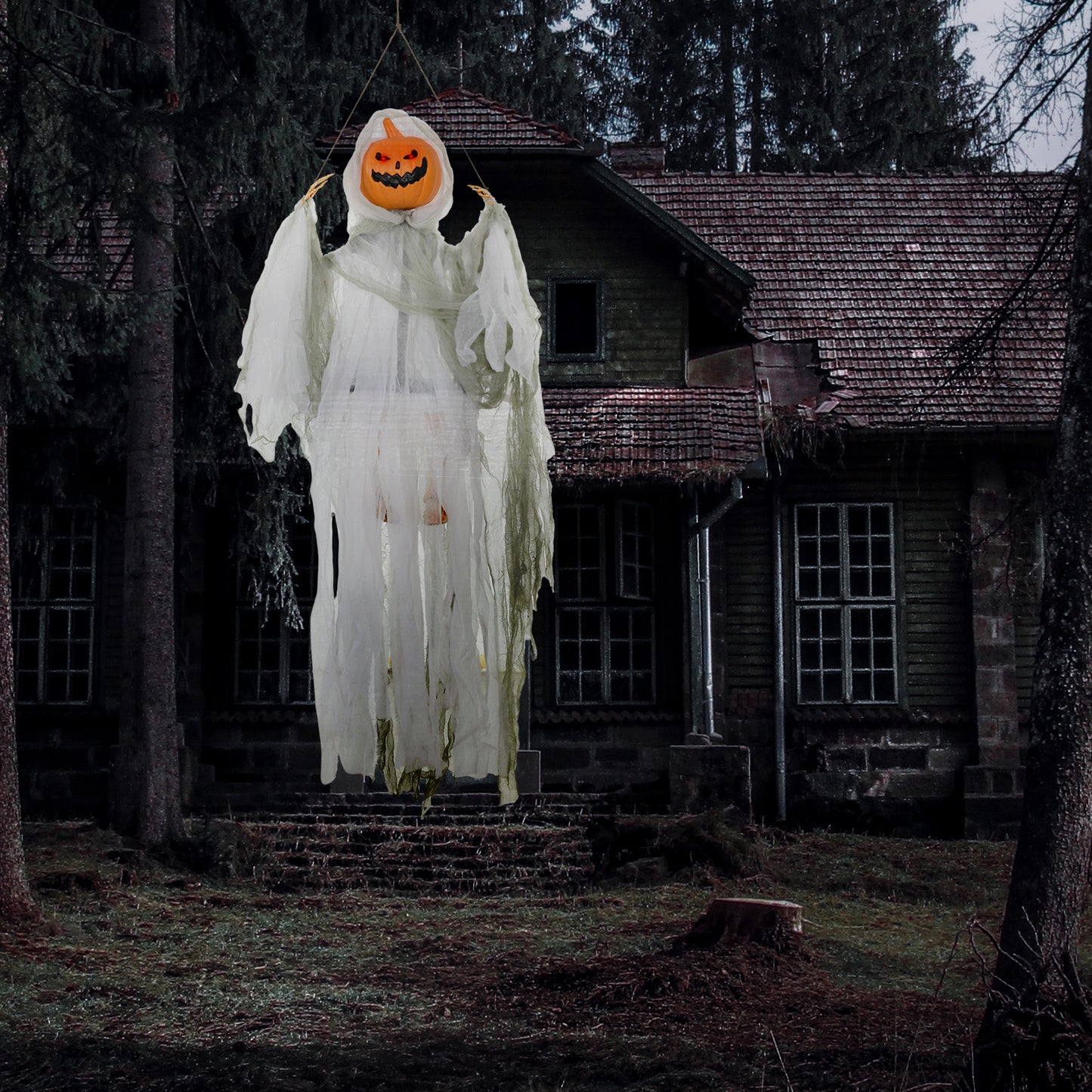 HOMCOM Spooky Hanging Pumpkin Ghost Outdoor Light & Sound