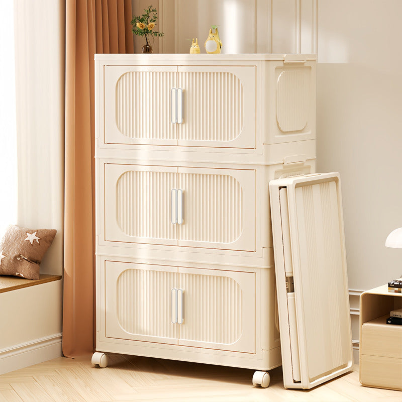 Cream White Folding Storage Cabinet on Wheels for Entryway