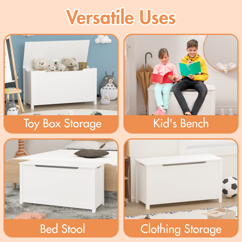 White Kids' Toy Box for Playroom with Safety Hinged Lid
