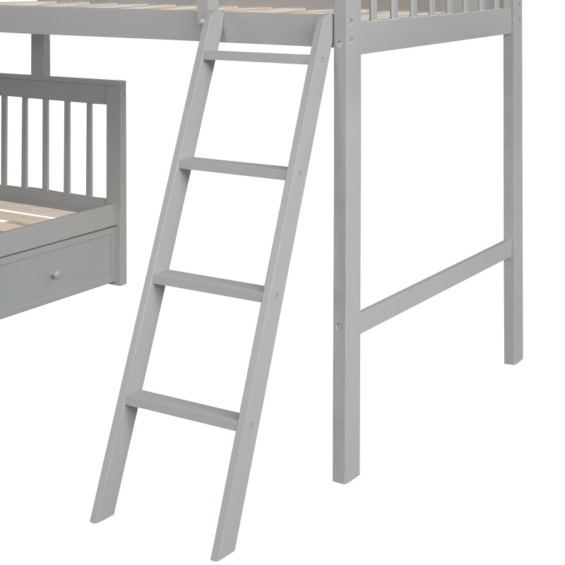 Gray L-Shaped Twin/Full Kids' Bunk Bed with Drawers