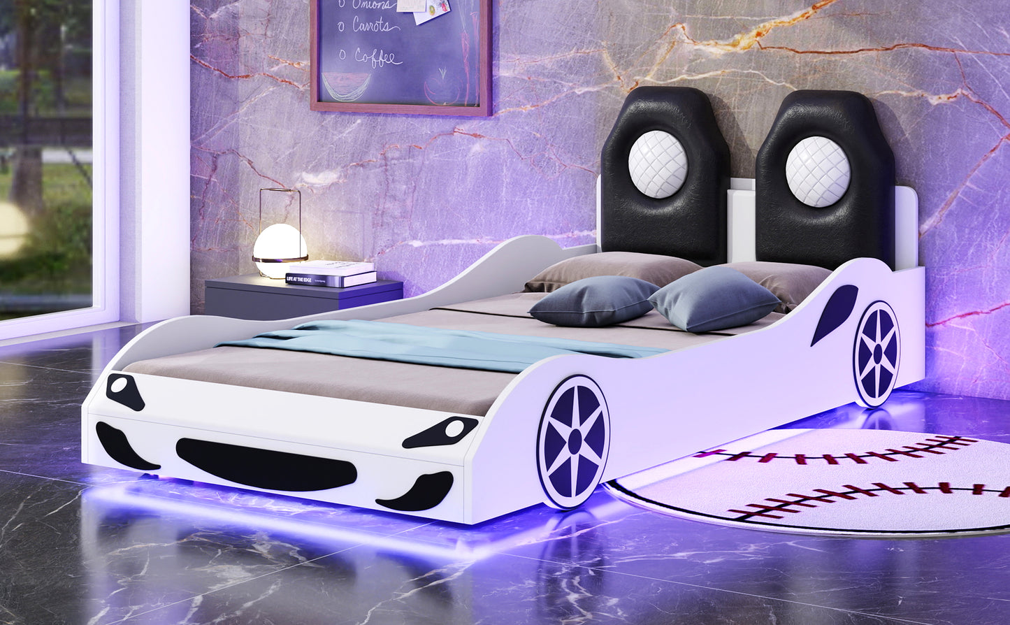 Race Car Twin Platform Bed for Kids, LED & Padded Headboard