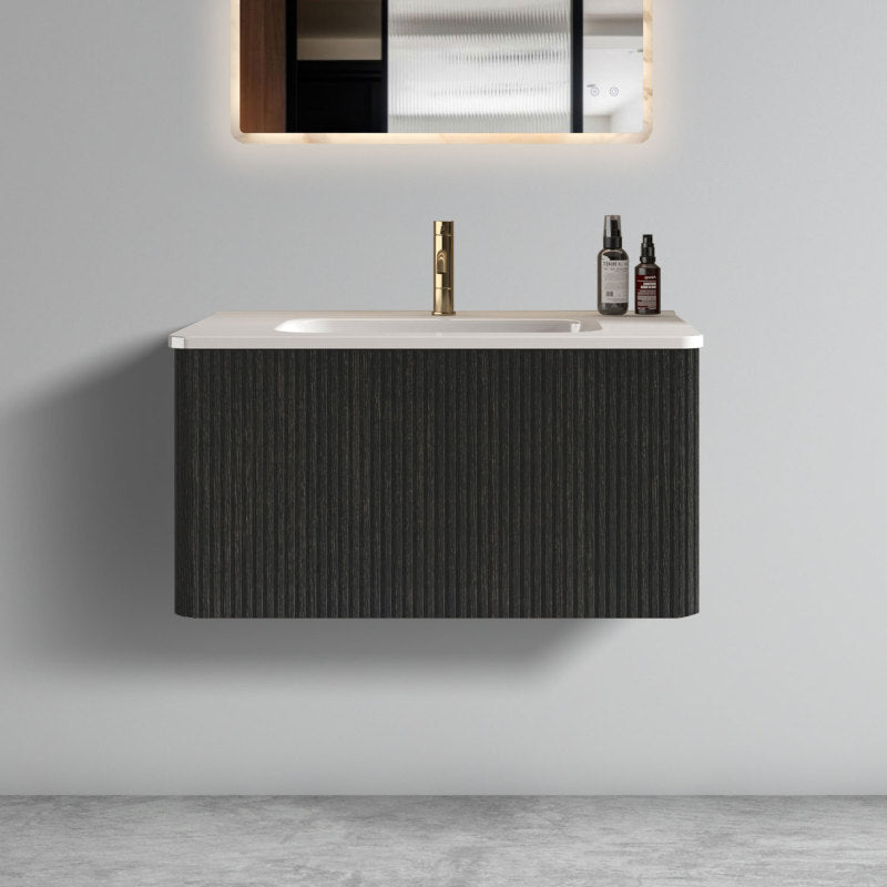 Etna 24-in Striped Walnut Floating Bath Vanity, Ceramic Sink