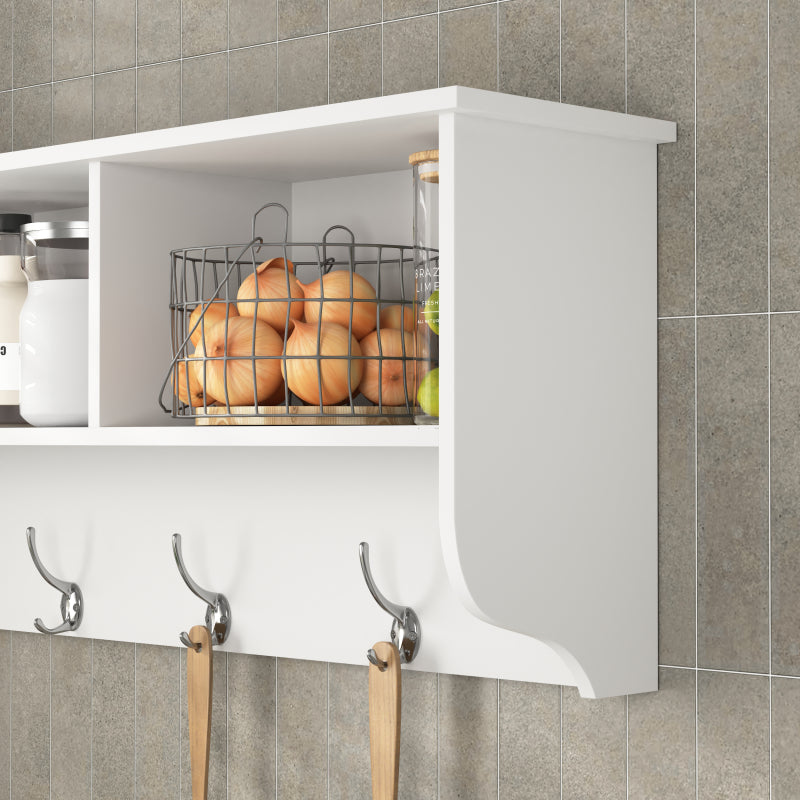 White Wall Coat Rack for Entryway, Shelf & 4 Dual Hooks