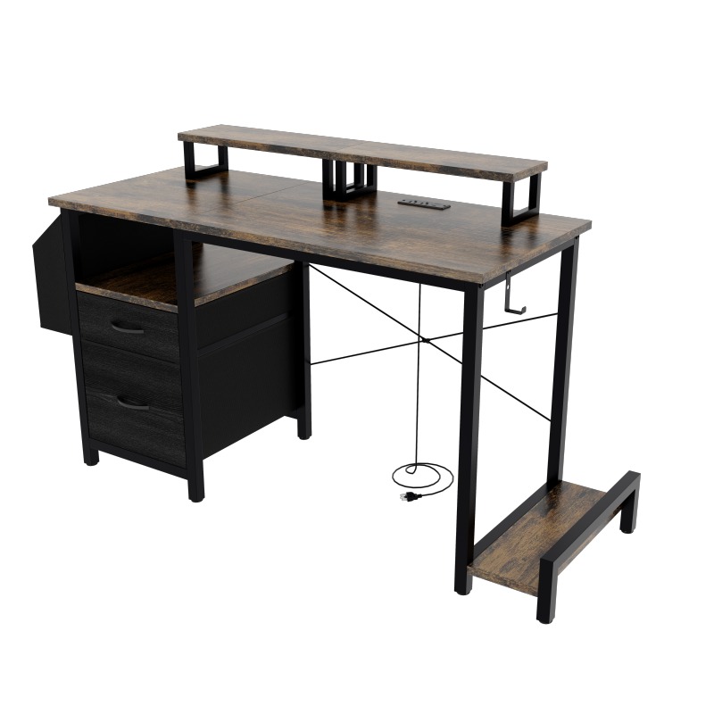 Rustic Brown Computer Desk for Home Office with Outlets