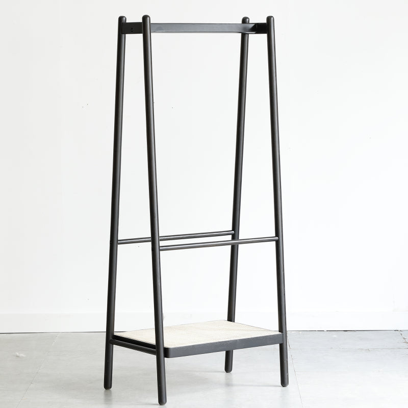 Boho Solid Oak Garment Rack for Entryway, Rattan Shelves