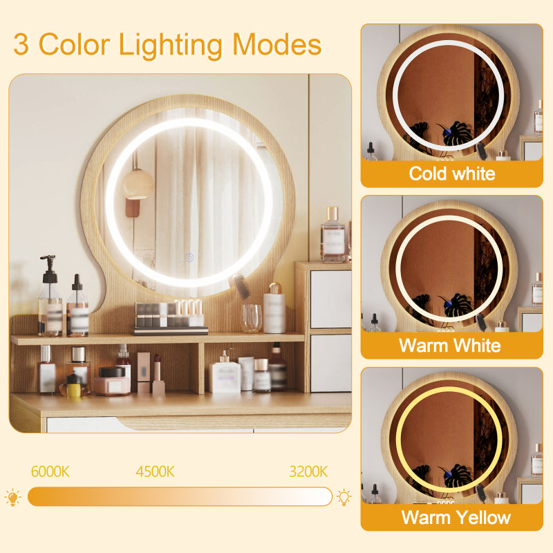 Modern Makeup Vanity for Small Bedrooms, Tri-Fold LED Mirror