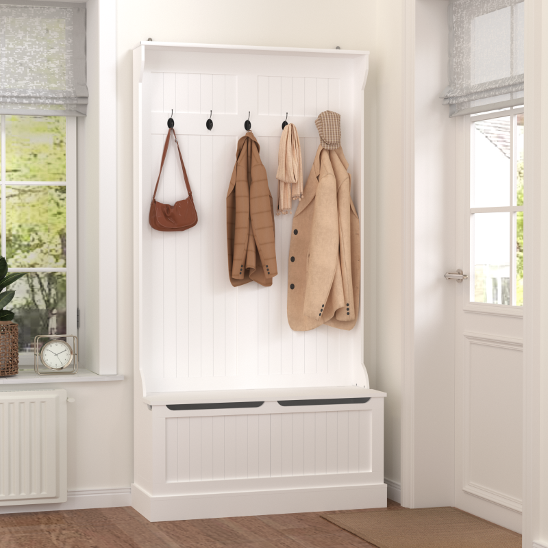 Modern White Hall Tree Bench, Entryway Shoe Storage, 5 Hooks