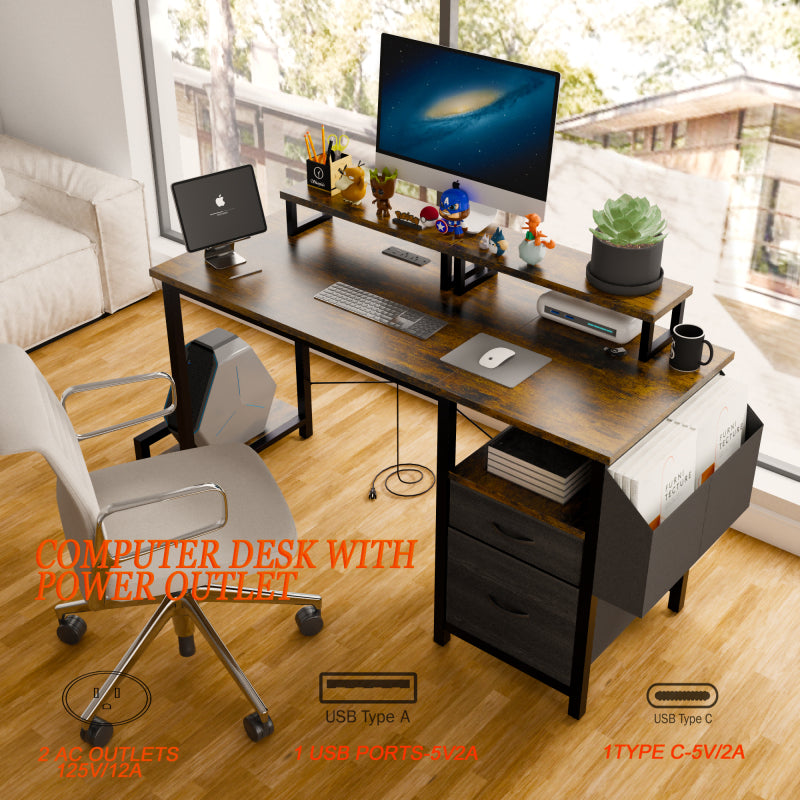 Rustic Brown Computer Desk for Home Office with Outlets