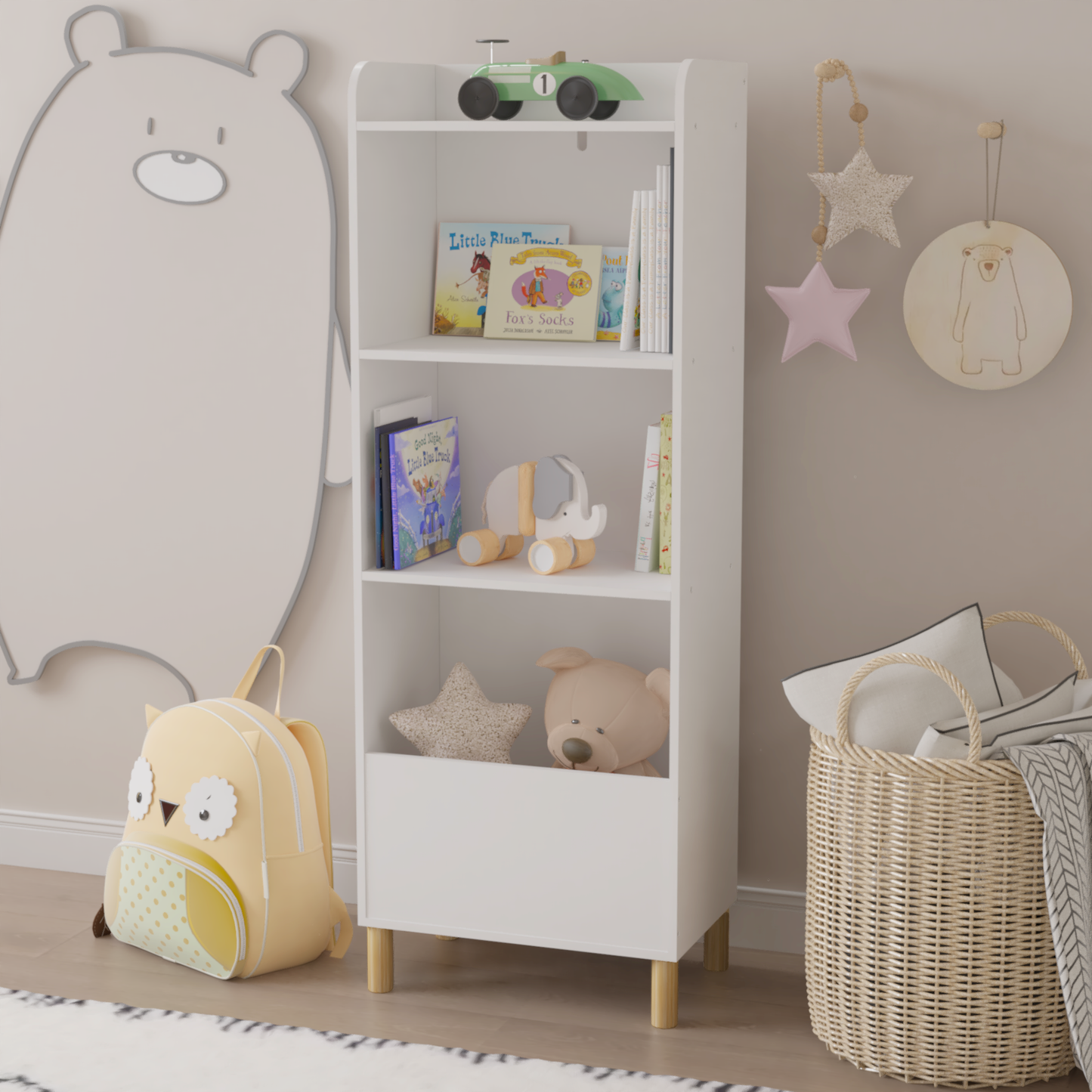 Modern 4-Tier Kids Bookcase for Playroom with Toy Storage