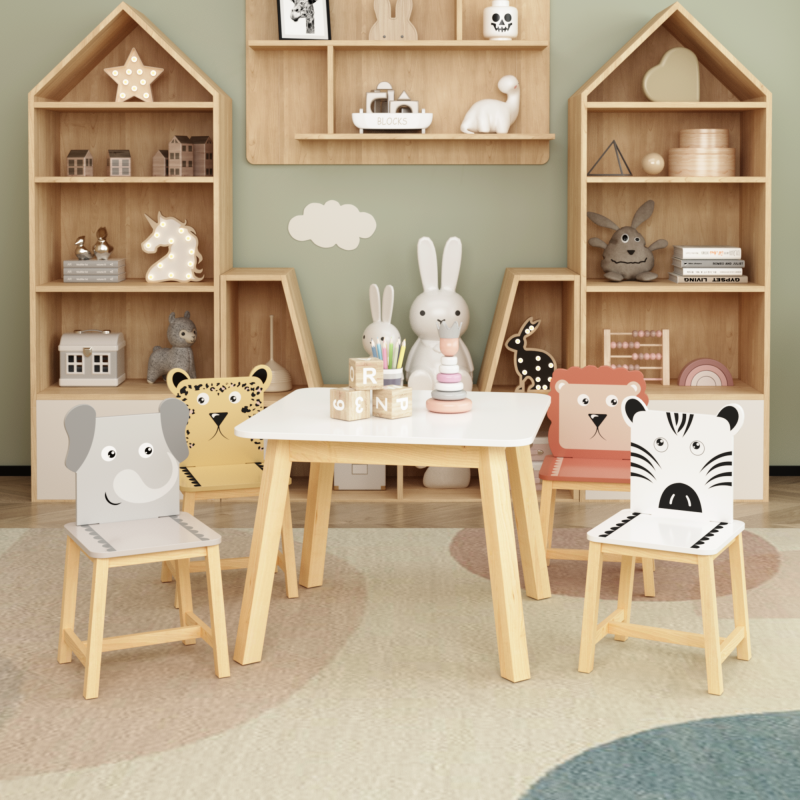 Playful Playroom Kids Table & 4 Animal Chairs, Spacious Top
