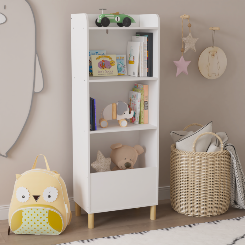 Modern 4-Tier Kids Bookcase for Playroom with Toy Storage