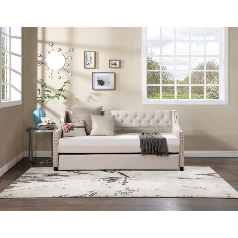 Classic Tufted Daybed w/ Trundle for Guest Room, Full, Beige