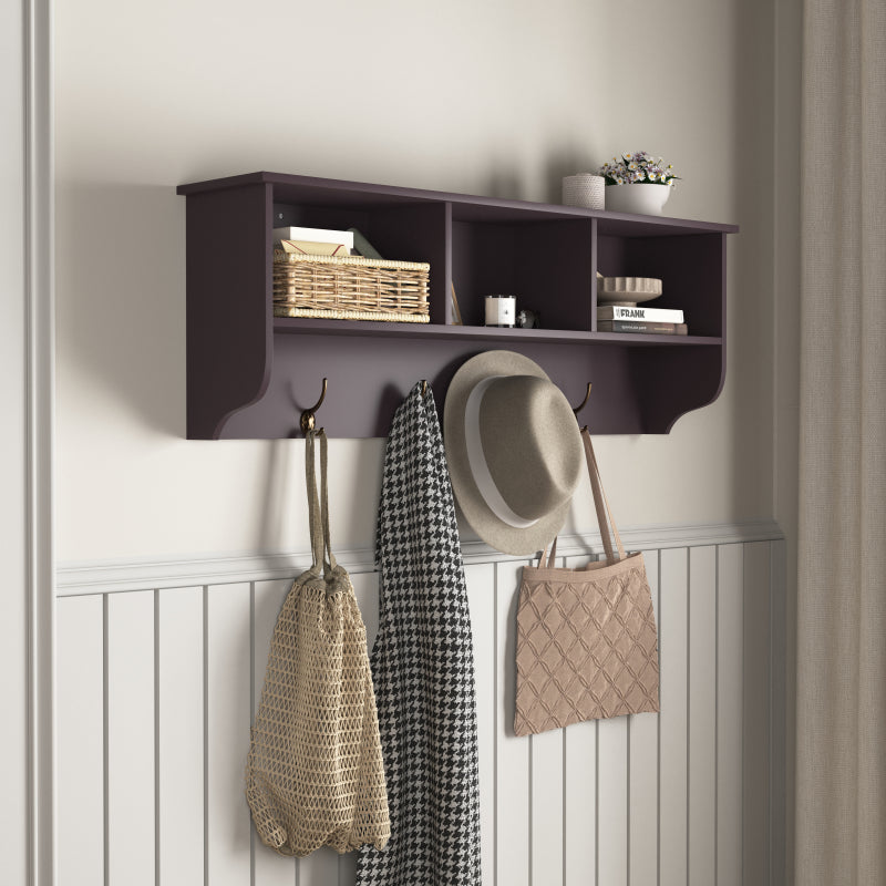 Espresso Wall-Mount Coat Rack Shelf, Entryway, 4 Dual Hooks