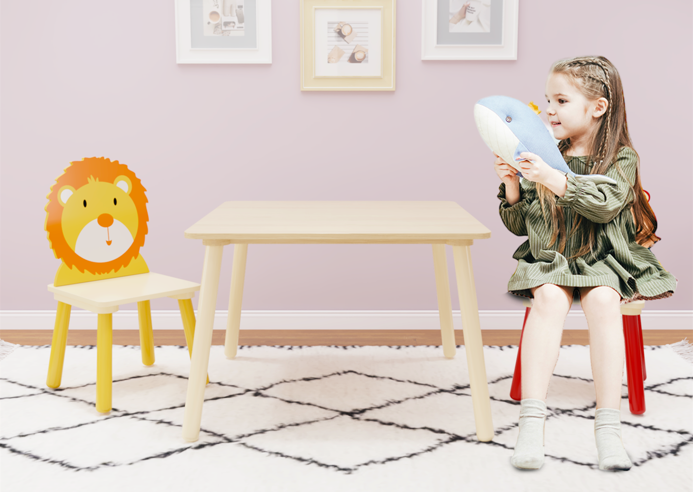 Wooden Kids Table & 2 Chairs for Playroom, Lion & Monkey