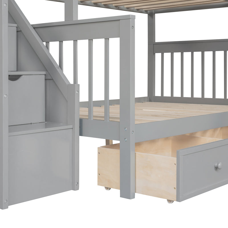 Modern L-Shaped Twin/Full Kids' Bunk with Stairs & Drawers