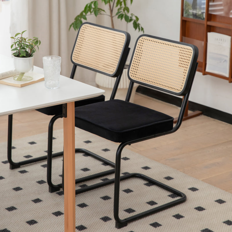 RR Mid-Century Dining Chairs, Velvet & Rattan, Set of 2