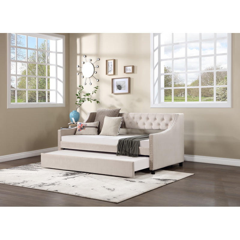 Classic Tufted Daybed w/ Trundle for Guest Room, Full, Beige