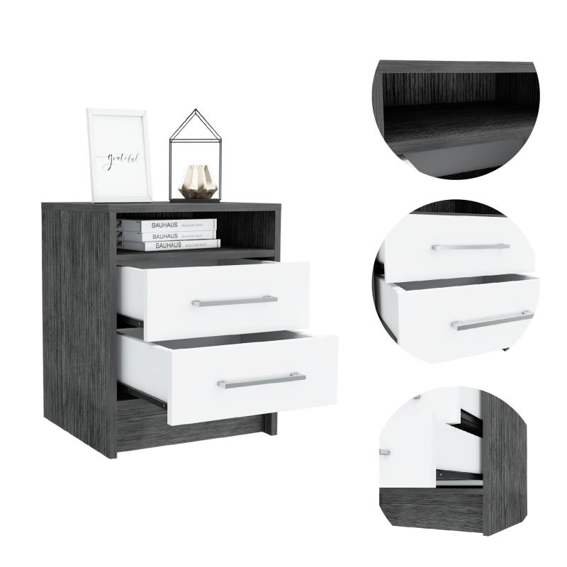 Eter Modern Bedside Table with 2 Drawers, Smokey Oak/White