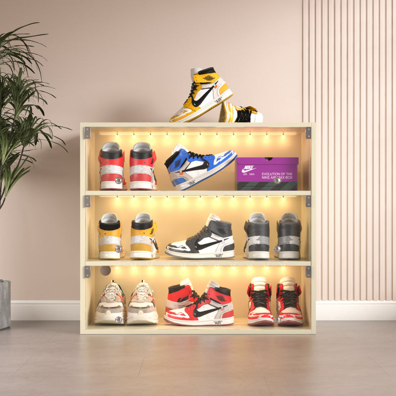 Modern Red LED Shoe Cabinet, Entryway 3-Tier Glass Doors