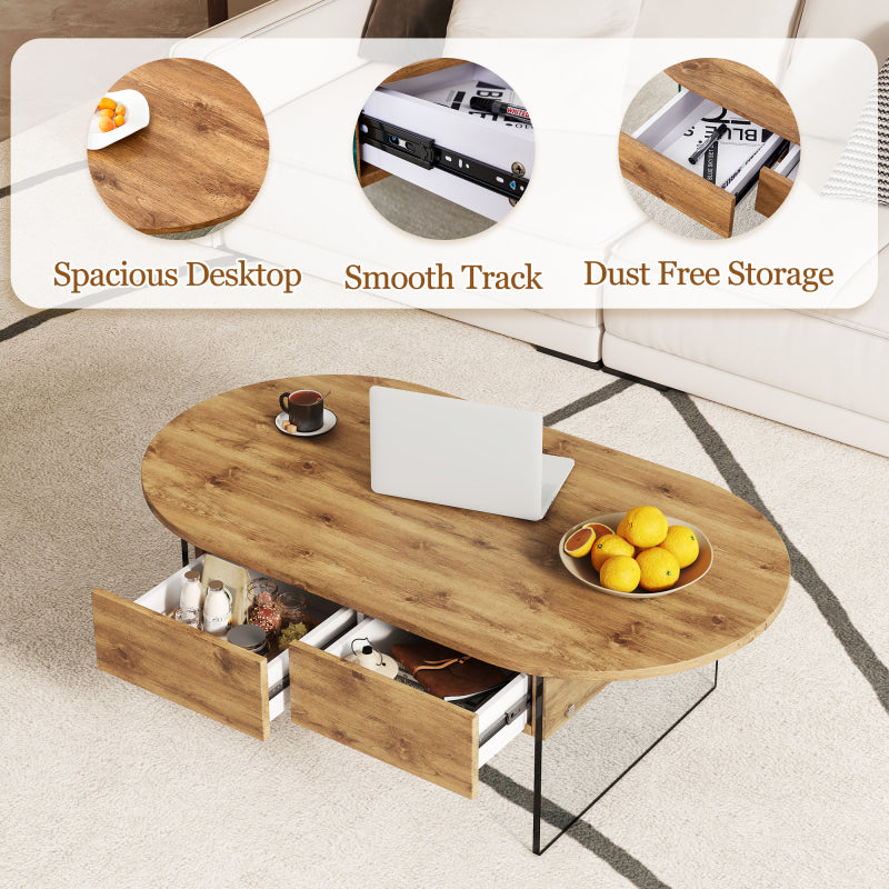 Natural Oval Coffee Table, Living Room, Glass Sides, Drawers