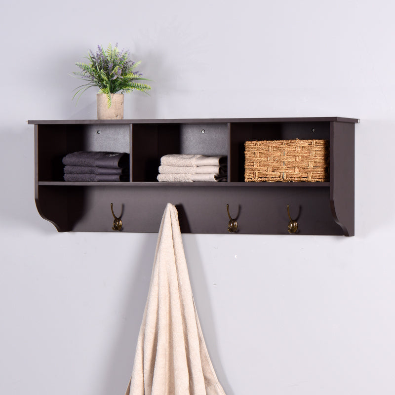 Espresso Wall-Mount Coat Rack Shelf, Entryway, 4 Dual Hooks