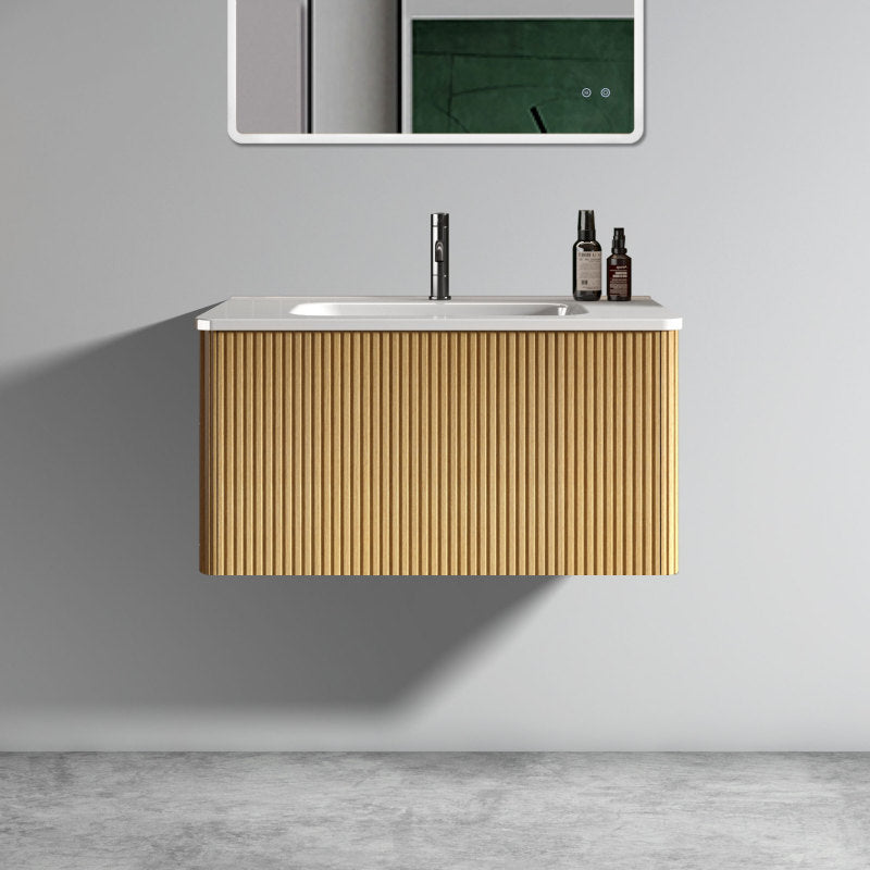 Etna 24-in Striped Walnut Floating Bath Vanity, Ceramic Sink