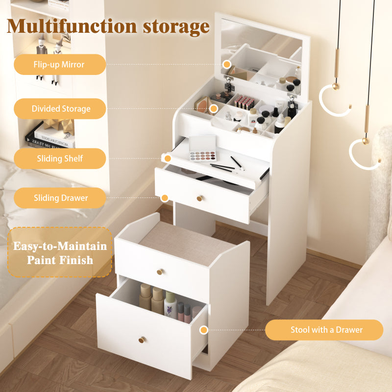 Compact Modern White Vanity Desk, Mirror & Chair for Bedroom