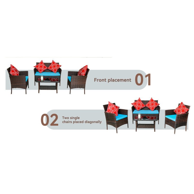 Modern Rattan 4-Piece Patio Sofa Set, Sapphire Blue Cushions