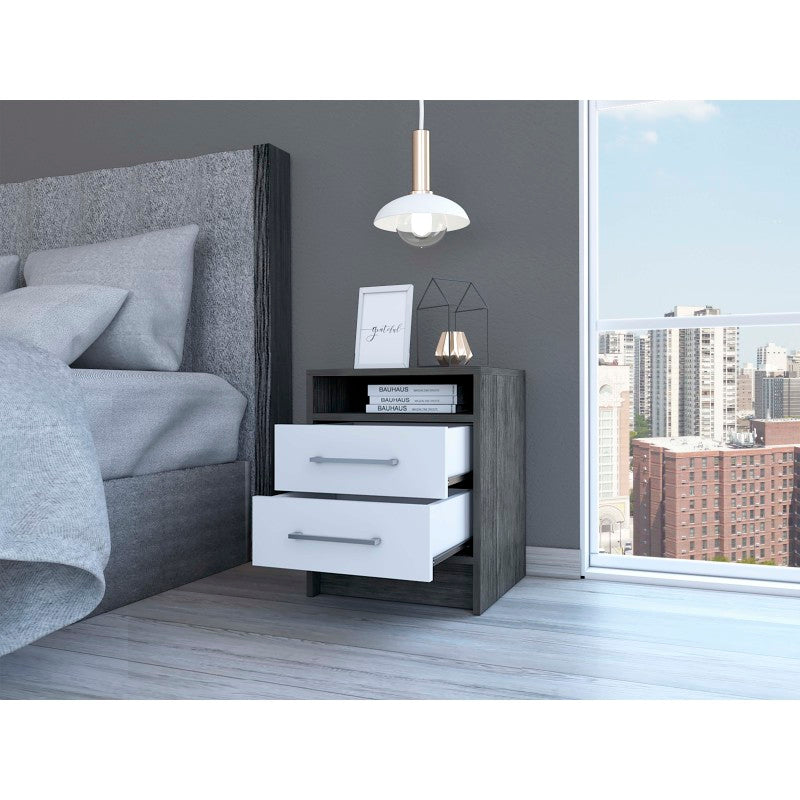 Eter Modern Bedside Table with 2 Drawers, Smokey Oak/White