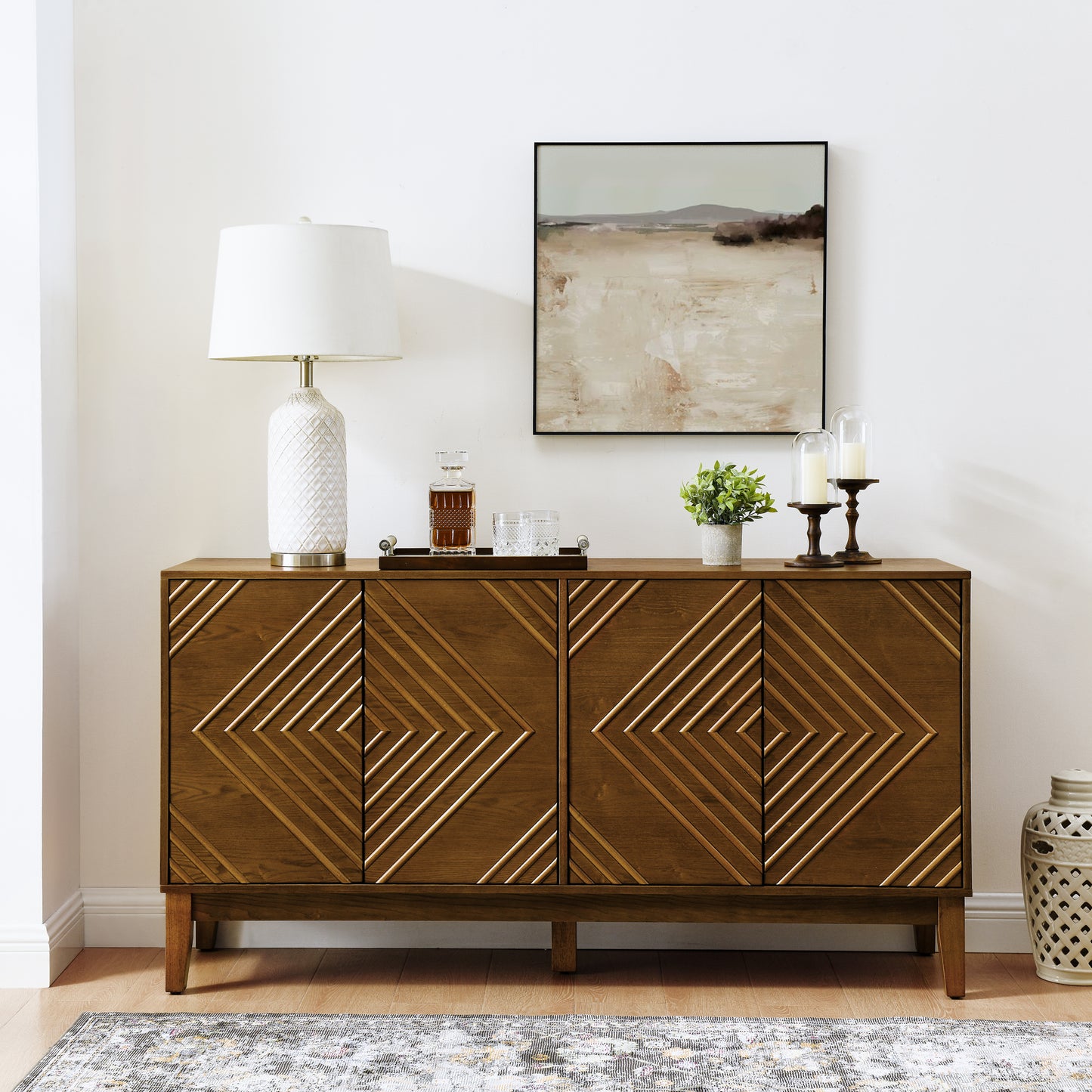 Walnut Mid-Century Sideboard for Living Room, Fluted Doors