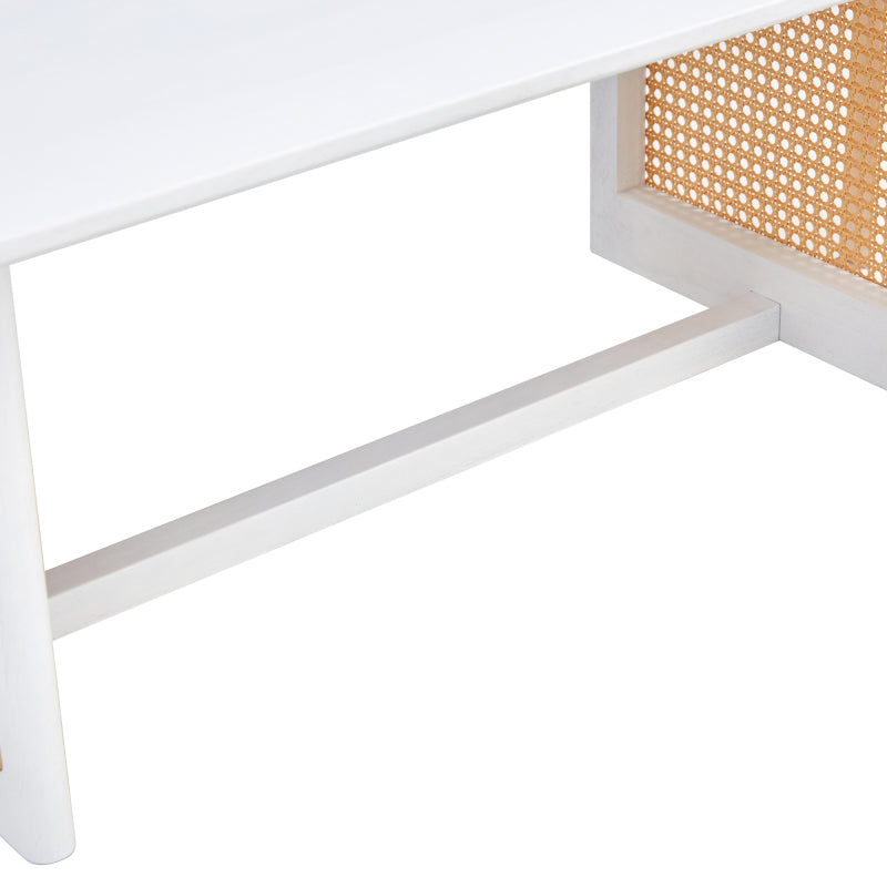 Asian-Style White Solid Wood Coffee Table, Faux Rattan Legs