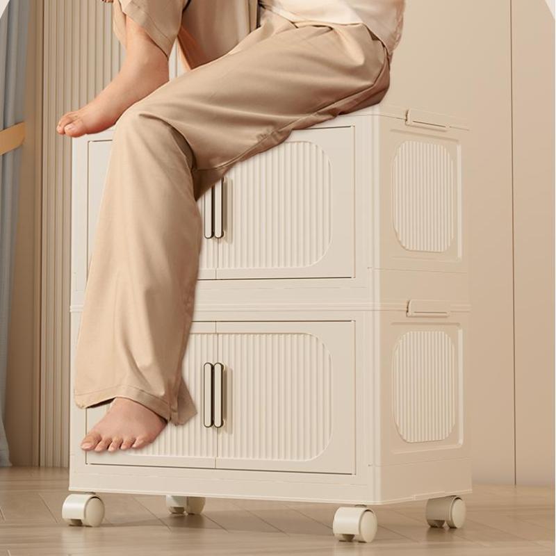 Cream White Folding Storage Cabinet on Wheels for Entryway