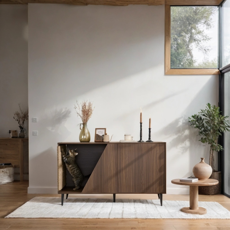 Modern Walnut End Table for Living Room, Hidden Litter Box