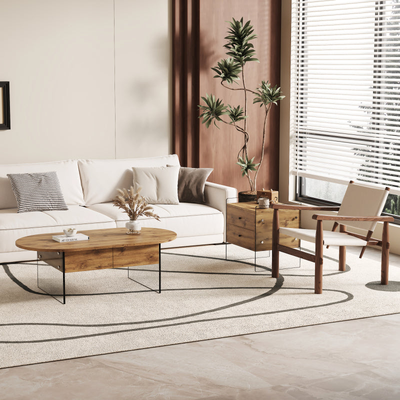 Natural Oval Coffee Table, Living Room, Glass Sides, Drawers