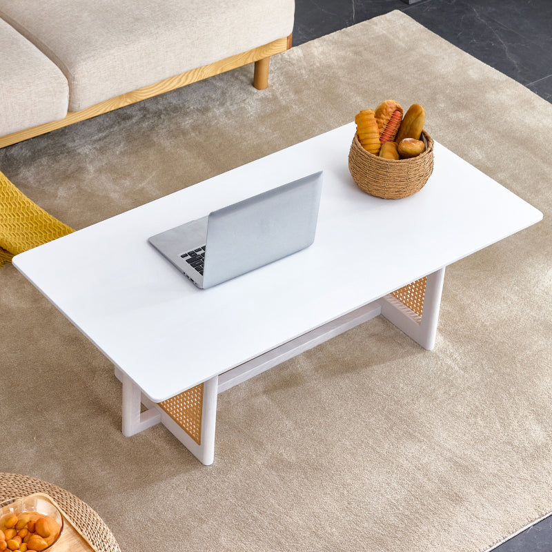 Asian-Style White Solid Wood Coffee Table, Faux Rattan Legs