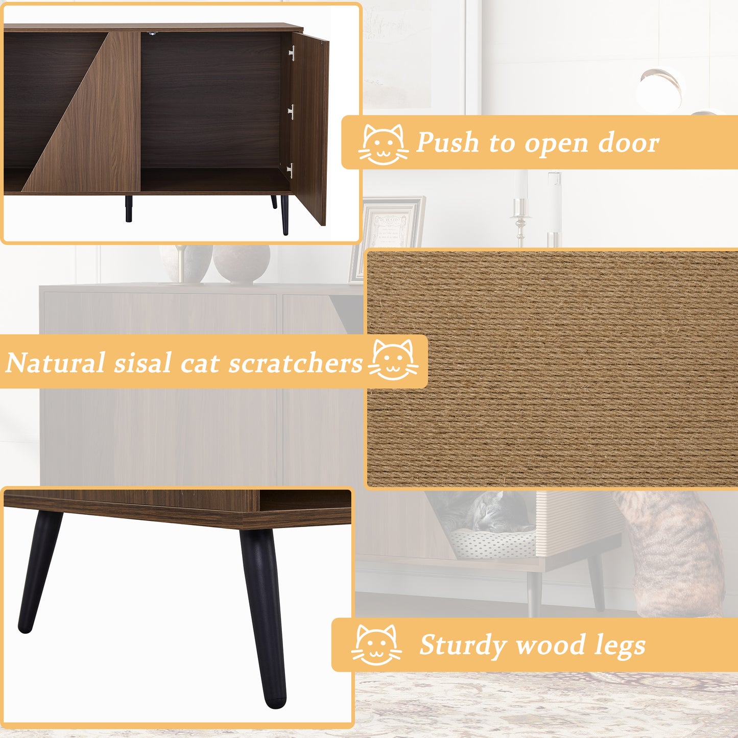Modern Walnut End Table for Living Room, Hidden Litter Box