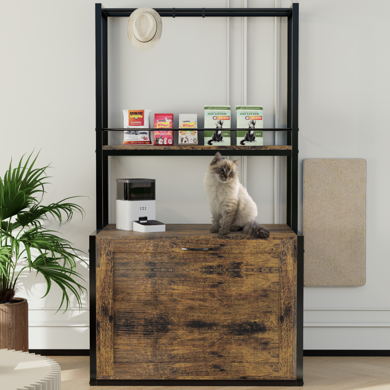 Rustic Brown Litter Box Cabinet for Home with Shelves & Rods