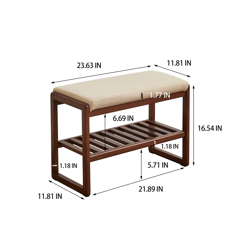 Walnut Solid Wood Entryway Shoe Bench with Cushioned Seat