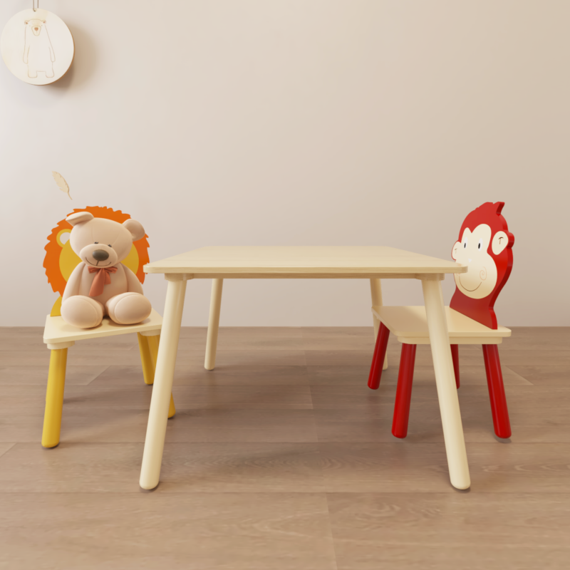 Wooden Kids Table & 2 Chairs for Playroom, Lion & Monkey